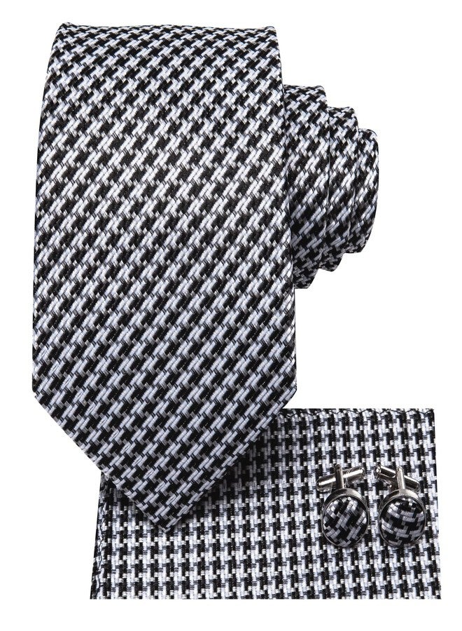 Hi-Tie Mens Plaid Ties Classic Paisley Necktie with Handkerchief Cufflinks Set Business Stripe Tie,Black White Houndstooth - Image 2